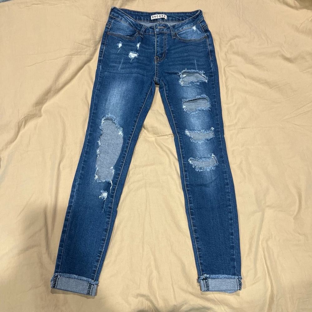 Encore Jeans Distressed Dark Blue Skinny Jeans